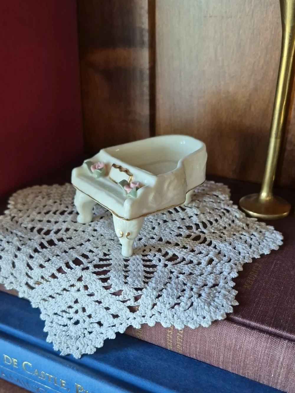 Porcelain Cream Miniature Piano Trinket Dish with Pink Rose Accents